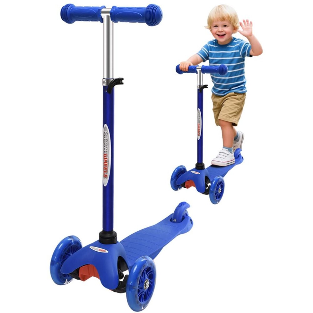 ChromeWheels Scooter for Kids, Deluxe 3 Wheel Scooter for Toddlers 4 Adjustable Height Glider with Kick Scooters, Lean to Steer with LED Flashing Light for Ages 3-6 Girls Boys (Blue)