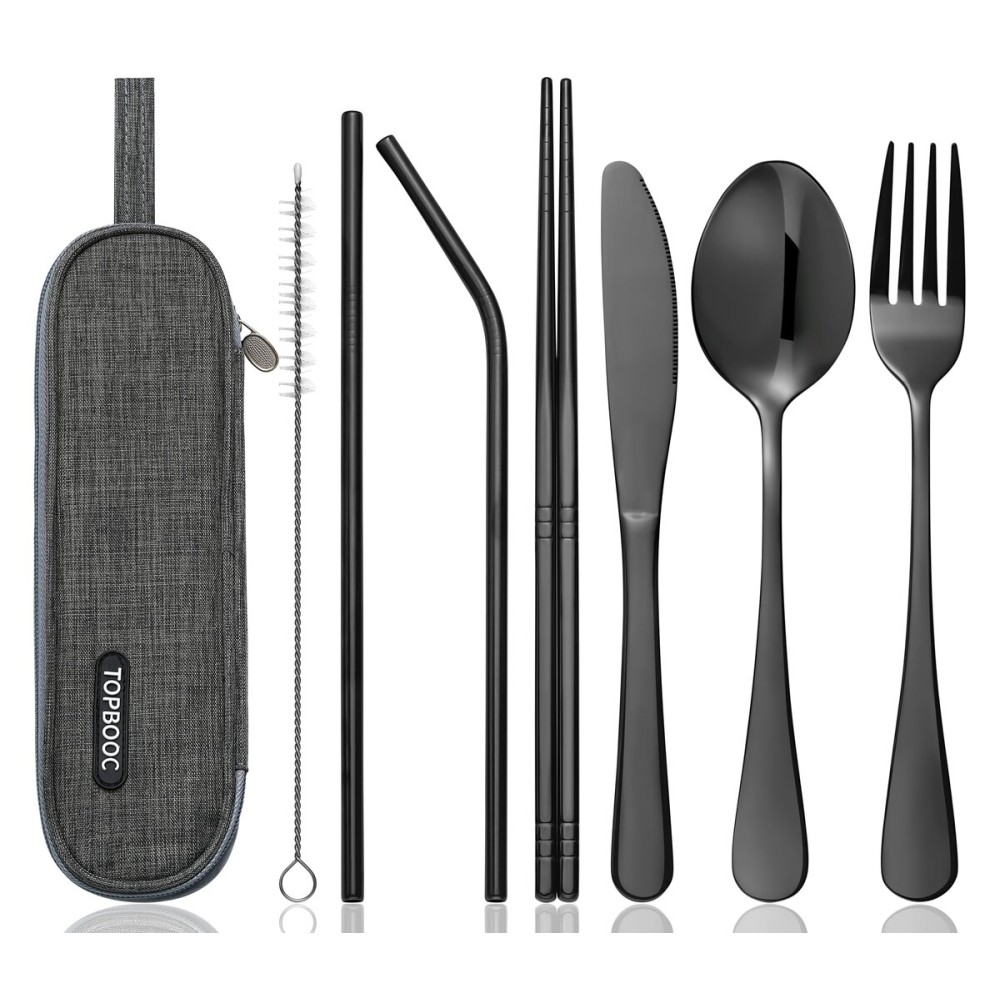 Travel Utensils Set with Case - 8-Piece Reusable Stainless Steel Camping Cutlery Set for Lunchbox, Office, School - Portable Fork Spoon Knife Chopsticks - Dishwasher Safe - Black