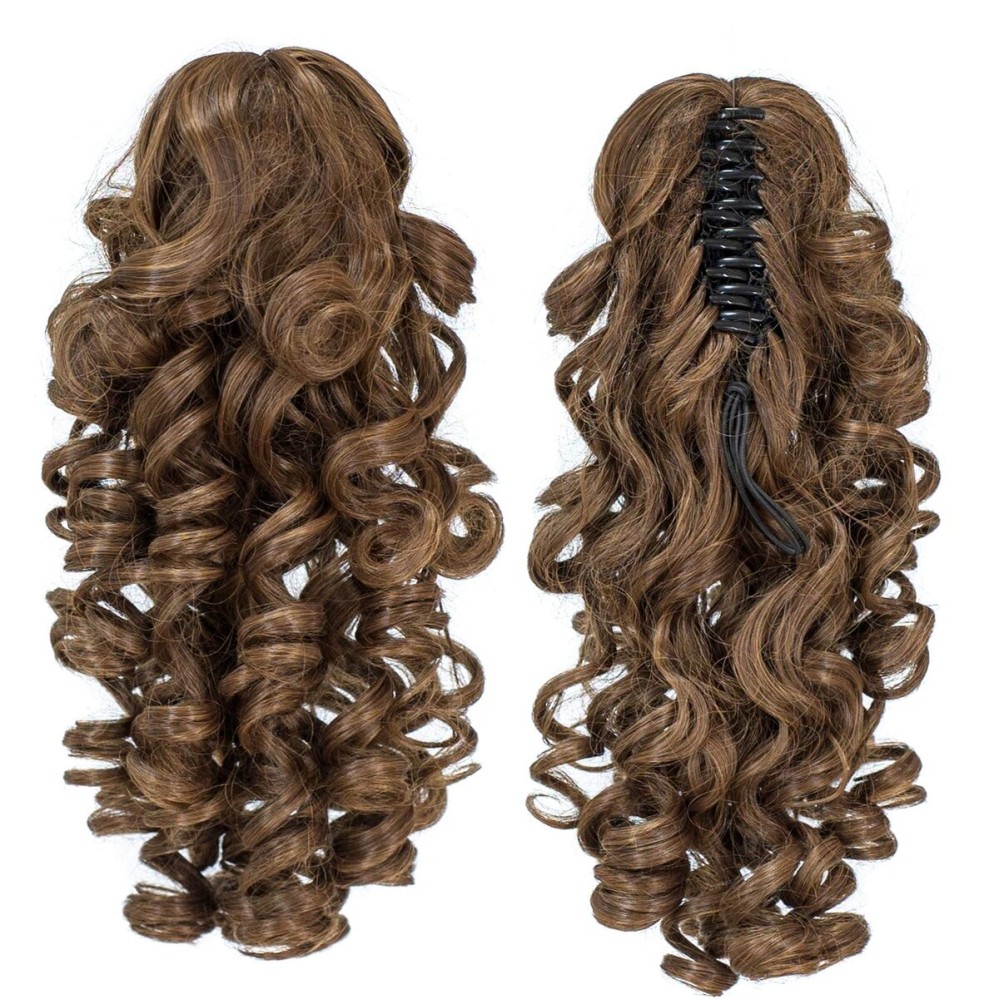 SWACC 12-Inch Short Screw Curls Claw Clip Ponytail Extensions Synthetic Clip in Drawstring Curly Ponytail Hairpiece Jaw Clip Hair Extension (Dark Brown Medium Auburn Mixed-4/30)