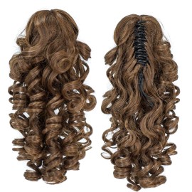 SWACC 12-Inch Short Screw Curls Claw Clip Ponytail Extensions Synthetic Clip in Drawstring Curly Ponytail Hairpiece Jaw Clip Hair Extension (Dark Brown Medium Auburn Mixed-4/30)