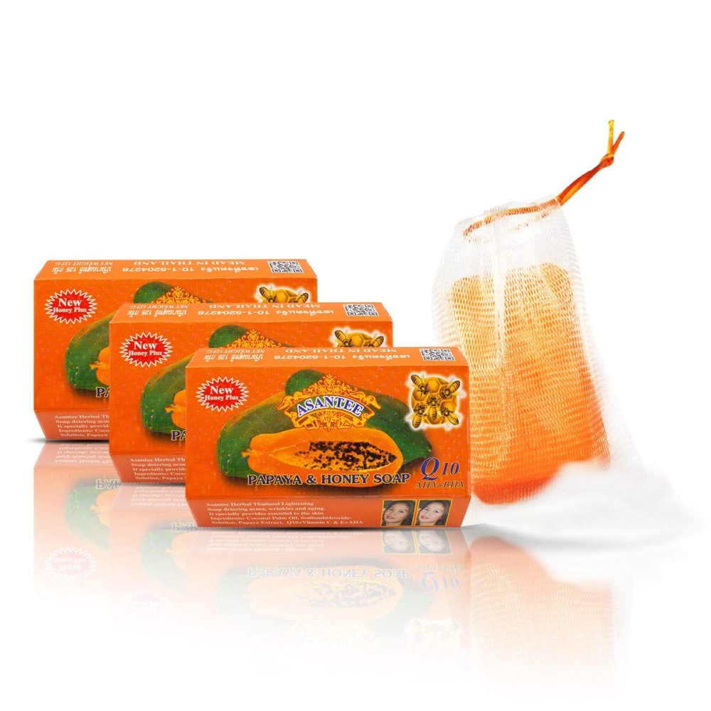ASANTEE PAPAYA & HONEY Soap Bars with Vitamin C,E and Q10 Skin Cleansing 4.40 Oz (Pack of 3)