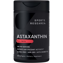 Sports Research Triple Strength Astaxanthin Supplement (6mg) with Organic Coconut Oil for Antioxidant Activity, Skin & Eye Health Support - Non-GMO Verified & Gluten Free - 120 Softgels
