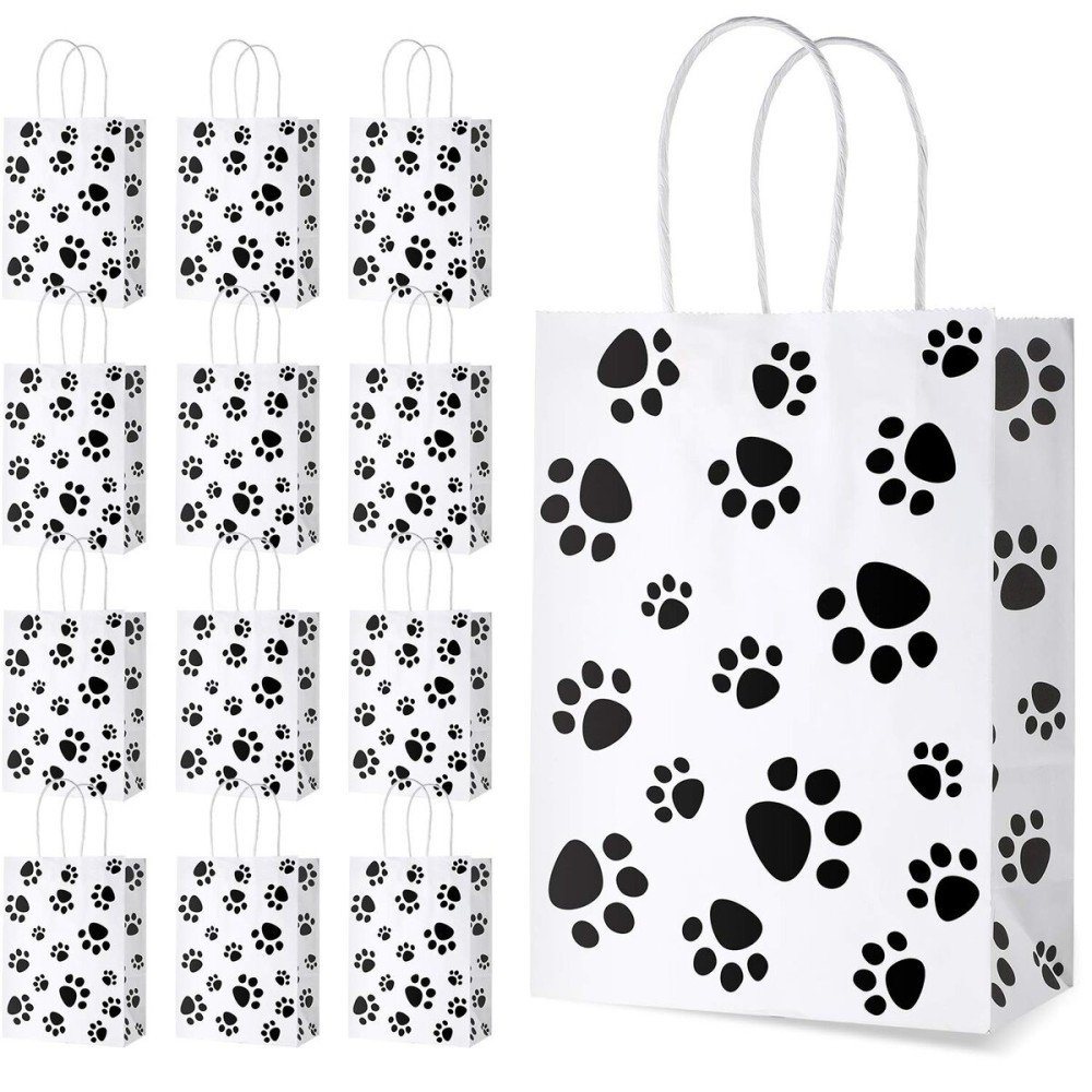 Blulu 20 Pcs Puppy Dog Paw Gift Bags with Paper Twist Handles, Dog Gift Paper Paw Treat Goodie Bags for PET Treat Party Favor, 6.3 x 3.1 x 8.6 Inch(White Backing)