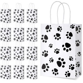Blulu 20 Pcs Puppy Dog Paw Gift Bags with Paper Twist Handles, Dog Gift Paper Paw Treat Goodie Bags for PET Treat Party Favor, 6.3 x 3.1 x 8.6 Inch(White Backing)
