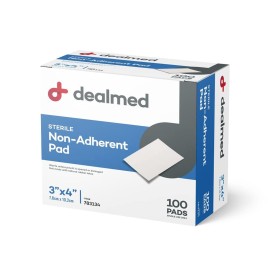 Dealmed Sterile Non-Adherent 3 x 4 Gauze Pads - 100 Count (1 Pack) Non-Adhesive Wound Dressing, Highly Absorbent, Non-Stick, Individually Wrapped for Extra Protection (Box of 100)