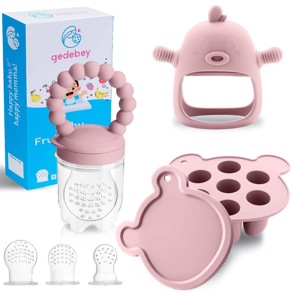 Baby Fruit Feeder & Breastmilk Popsicle Mold Set - 3 Pack Silicone Teething Relief Kit with Food Feeder Pacifier, Freezer Tray with Lid & Baby Teether (Blush)