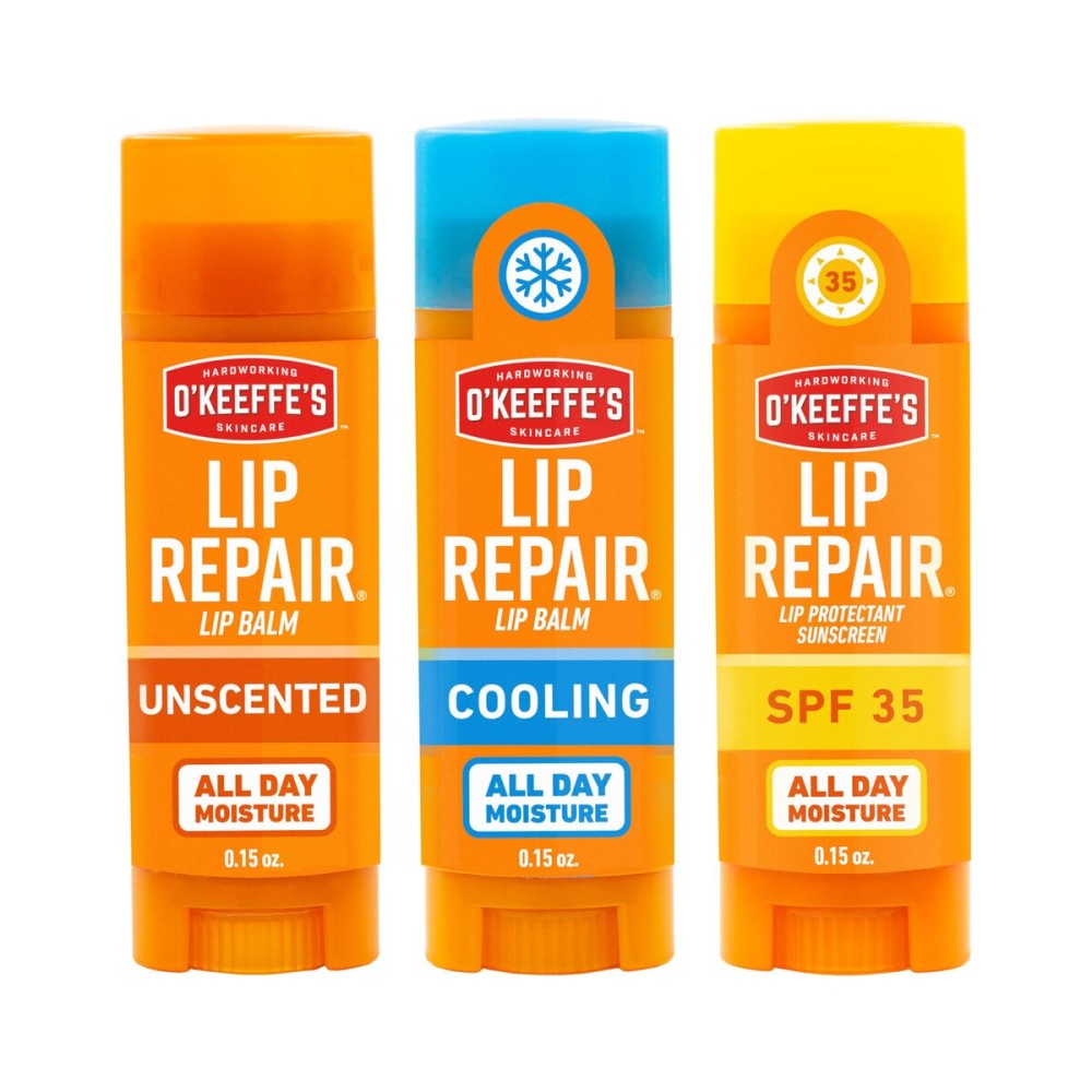 O\'Keeffe\'s Lip Repair Lip Balm Set for Dry, Cracked Lips - Stick (Pack of 3: 1 Cooling + 1 Unscented + 1 SPF) - Moisturizer for for Extremely Cracked, Dry Lips