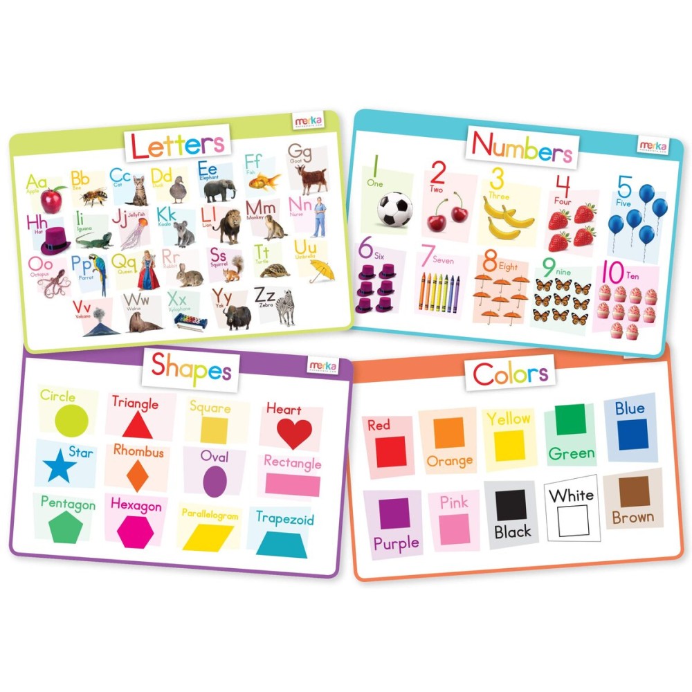 merka Silicone Learning Placemats for Toddlers - 4-Pack, 17 x 11 in, Multicolor - Reusable & Washable Mealtime Mats with Spill-Resistant Backing, Letters, Numbers, Shapes & Colors
