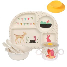 shopwithgreen 7Pcs/Set Bamboo Kids Dinnerware Set - Children Dishes - Food Plate Bowl Cup Spoon Fork Set Dishware, Cartoon Tableware, Dishwasher Safe Kids Healthy Mealtime, BPA Free