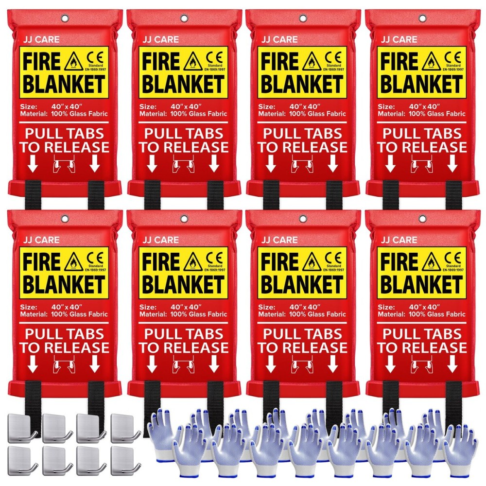 JJ CARE Fire Blanket - 8 Packs with Hooks and Gloves - Emergency Fire Blanket for Home & Kitchen, High Heat Resistant Fire Suppression Blankets for Home Safety, Kitchen, and Camping