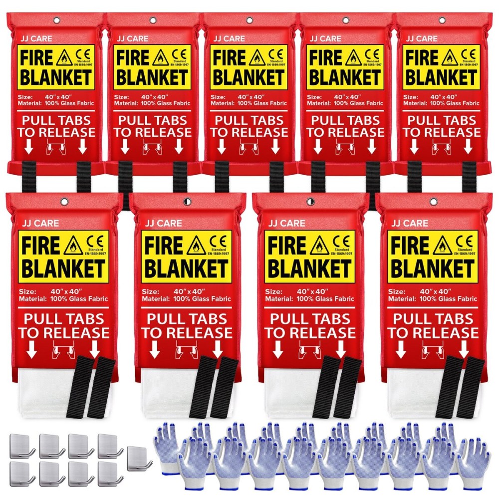 JJ CARE Fire Blanket - 9 Packs with Hooks and Gloves - 40 x 40 Fire Blankets Emergency for Home and Kitchen, High Heat Resistant and Flame Protection for Kitchen, Car, Office, Camping & Home Safety