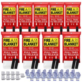 JJ CARE Fire Blanket - 9 Packs with Hooks and Gloves - 40 x 40 Fire Blankets Emergency for Home and Kitchen, High Heat Resistant and Flame Protection for Kitchen, Car, Office, Camping & Home Safety