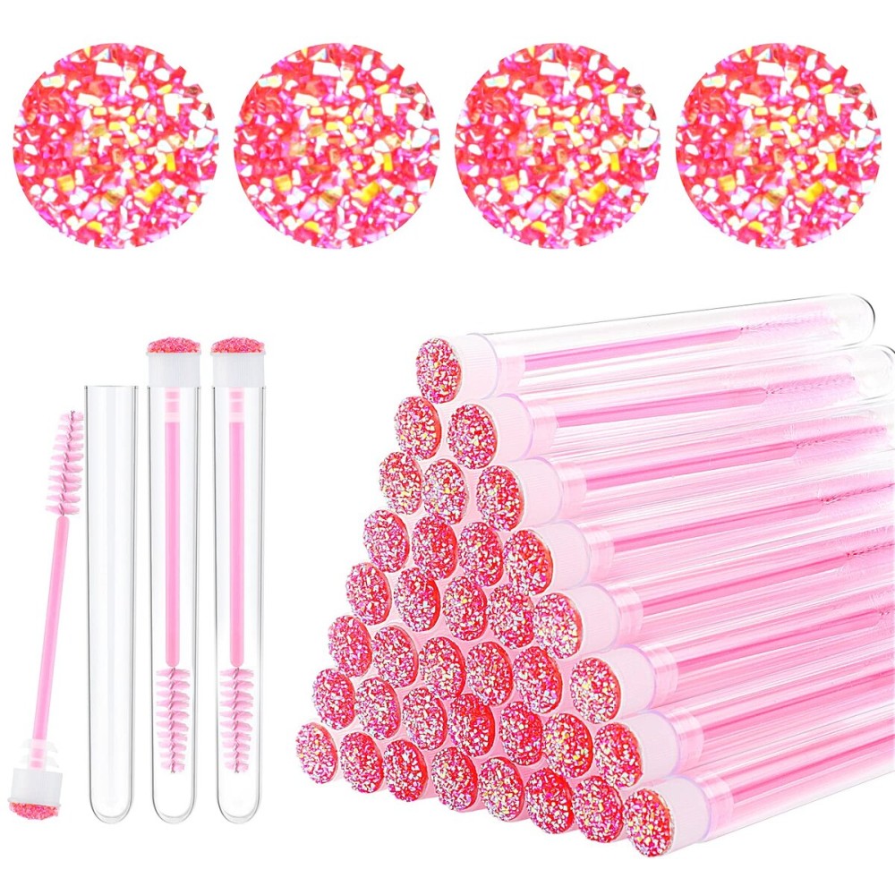 Dming 50-Piece Disposable Mascara Brushes - Eyelash Brushes, Diamond Mascara Wands with Tube, Makeup Tool, Lash Spoolies, Sanitary Brushes, Lash Extension Supplies (Tube Star D Pink 50)