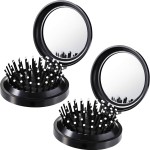 Boao 2 Pack Foldable Travel Mirror Hair Brushes Round Portable Folding Pocket Hair Brush Mini Comb Compact Travel Size Massage Comb for Men Women(Black)