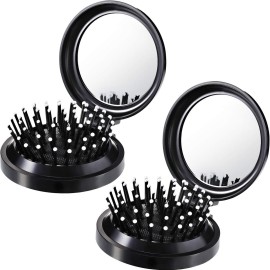 Boao 2 Pack Foldable Travel Mirror Hair Brushes Round Portable Folding Pocket Hair Brush Mini Comb Compact Travel Size Massage Comb for Men Women(Black)