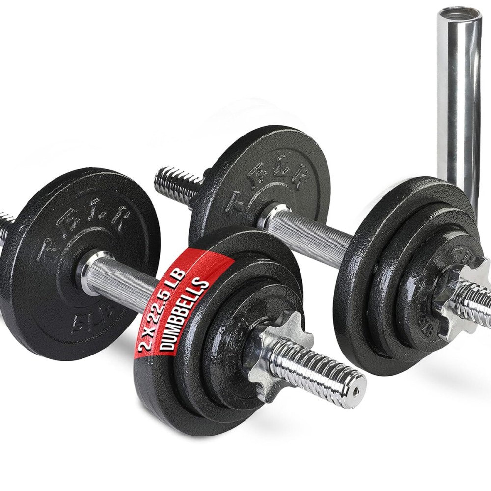 TELK - Adjustable Dumbbell Set 45lbs (22.5lbs x 2) + 10 Chrome Barbell - Home Gym Weight Set with Baked Enamel Cast Iron Plates - Space-Saving Free Weights for Strength Training
