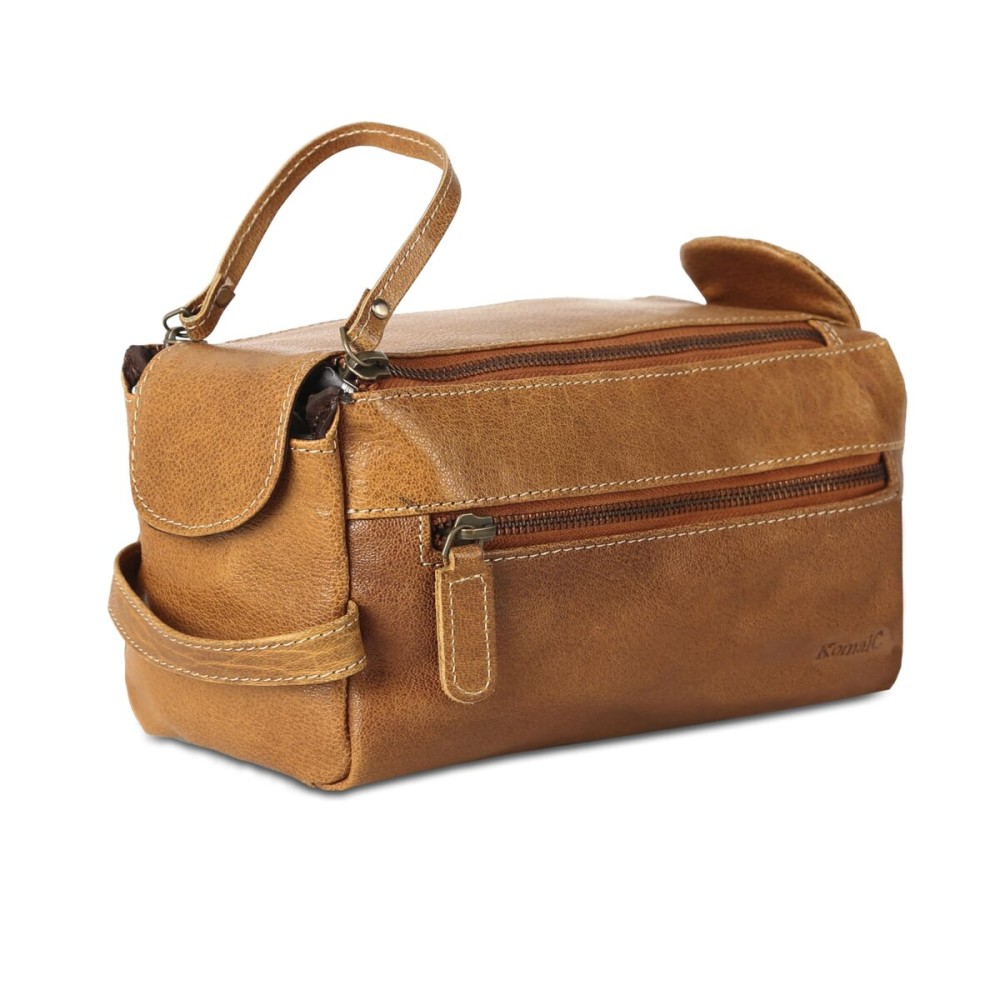 KomalC Premium Buffalo Leather Unisex Toiletry Bag Travel Dopp Kit (Distressed Yellow Tan)