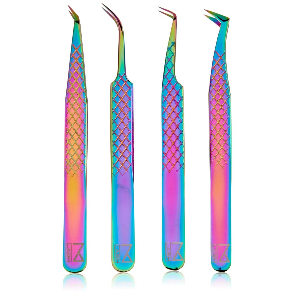 M LASH Tweezers for Eyelash Extensions (Set of 4) - Professional Lash Extension Tweezers - Fiber Tip, Japanese Steel, Diamond Grip Eyelash Extension Tweezer set (Multi-Color)