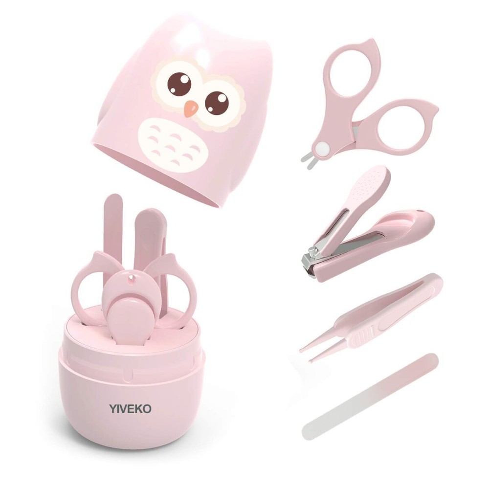 YIVEKO Baby Nail Kit, 4-in-1 Baby Nail Care Set with Cute Case, Baby Nail Clippers, Scissors, Nail File & Tweezers, Baby Manicure Kit and Pedicure kit for Newborn, Infant, Toddler, Kids-Owl Pink