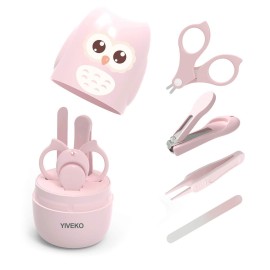 YIVEKO Baby Nail Kit, 4-in-1 Baby Nail Care Set with Cute Case, Baby Nail Clippers, Scissors, Nail File & Tweezers, Baby Manicure Kit and Pedicure kit for Newborn, Infant, Toddler, Kids-Owl Pink