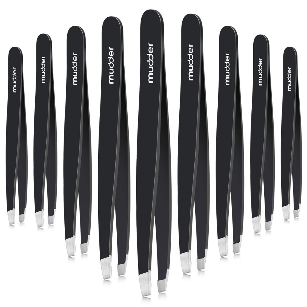 Mudder 12 Pcs Eyebrow Tweezers Set for Facial Hair Stainless Steel Slanted Tip Tweezers in Bulk for Men and Women (Black)