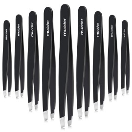 Mudder 12 Pcs Eyebrow Tweezers Set for Facial Hair Stainless Steel Slanted Tip Tweezers in Bulk for Men and Women (Black)