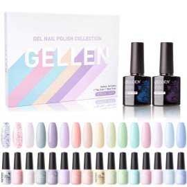 Gellen 16 Colors Gel Nail Polish Kit, with Top Base Coat - Fresh Macaron Girly Colors Collection, Popular Bright Nail Art Solid Sparkle Glitters Colors Home Gel Manicure Set