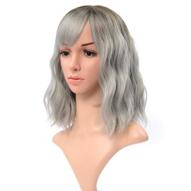 VCKOVCKO Ombre Color Natural Wavy Wig With Air Bangs Black to Gray Colorful Short Bob Wigs for Women\'s Shoulder Length Wigs Curly Wavy Cosplay Wig Bob Wig for Girls(12,Black-Gray)