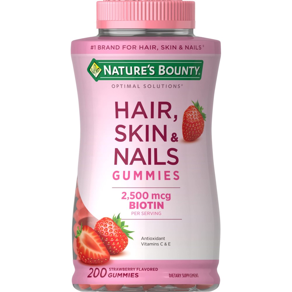 Nature\'s Bounty Optimal Solutions Hair, Skin and Nails Gummies with Biotin, 2500 mcg, Strawberry Flavored, 200 Count, 100 Total Servings
