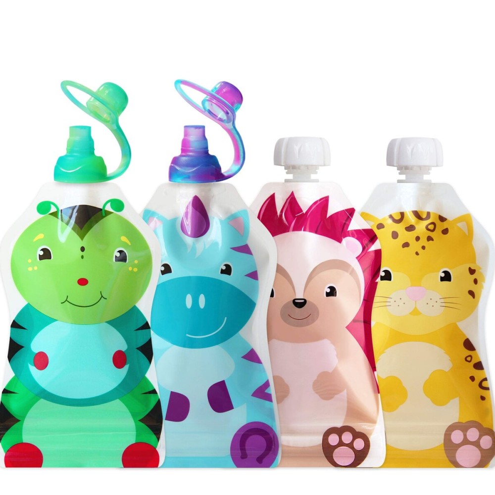 ChooMee Reusable Baby Food Pouch Starter Set, SnakPack | 4 CT, 5 oz | Includes SoftSip Pouch Tops, 2CT, Green Purple