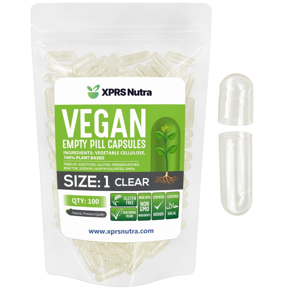 XPRS Nutra Size 1 Empty Capsules - 100 Count Clear Empty Vegan Capsules - Vegetarian Pills - DIY Vegetable Capsule Filling- Veggie Pill Caps for Do-It-Yourself Supplements