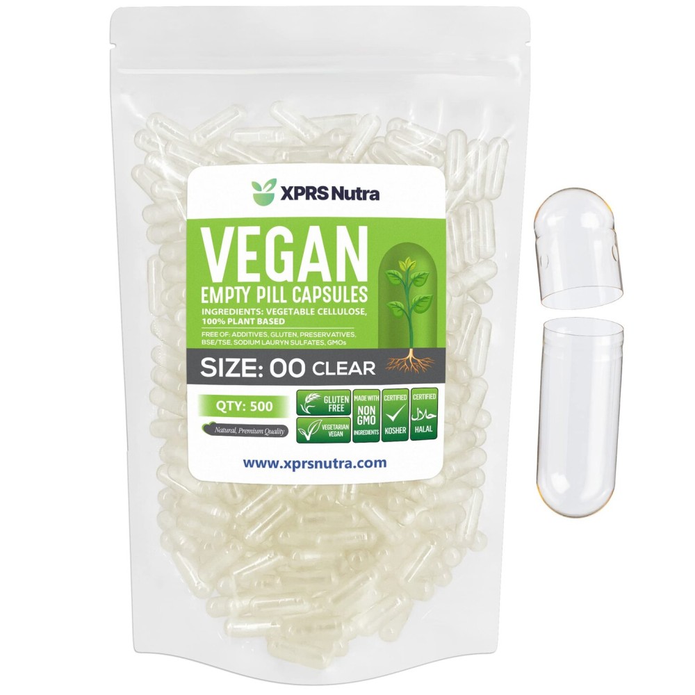 XPRS Nutra Size 00 Empty Capsules - 500 Count Clear Empty Vegan Capsules - Vegetarian Empty Pills - DIY Vegetable Capsule Filling- Veggie Pill Caps