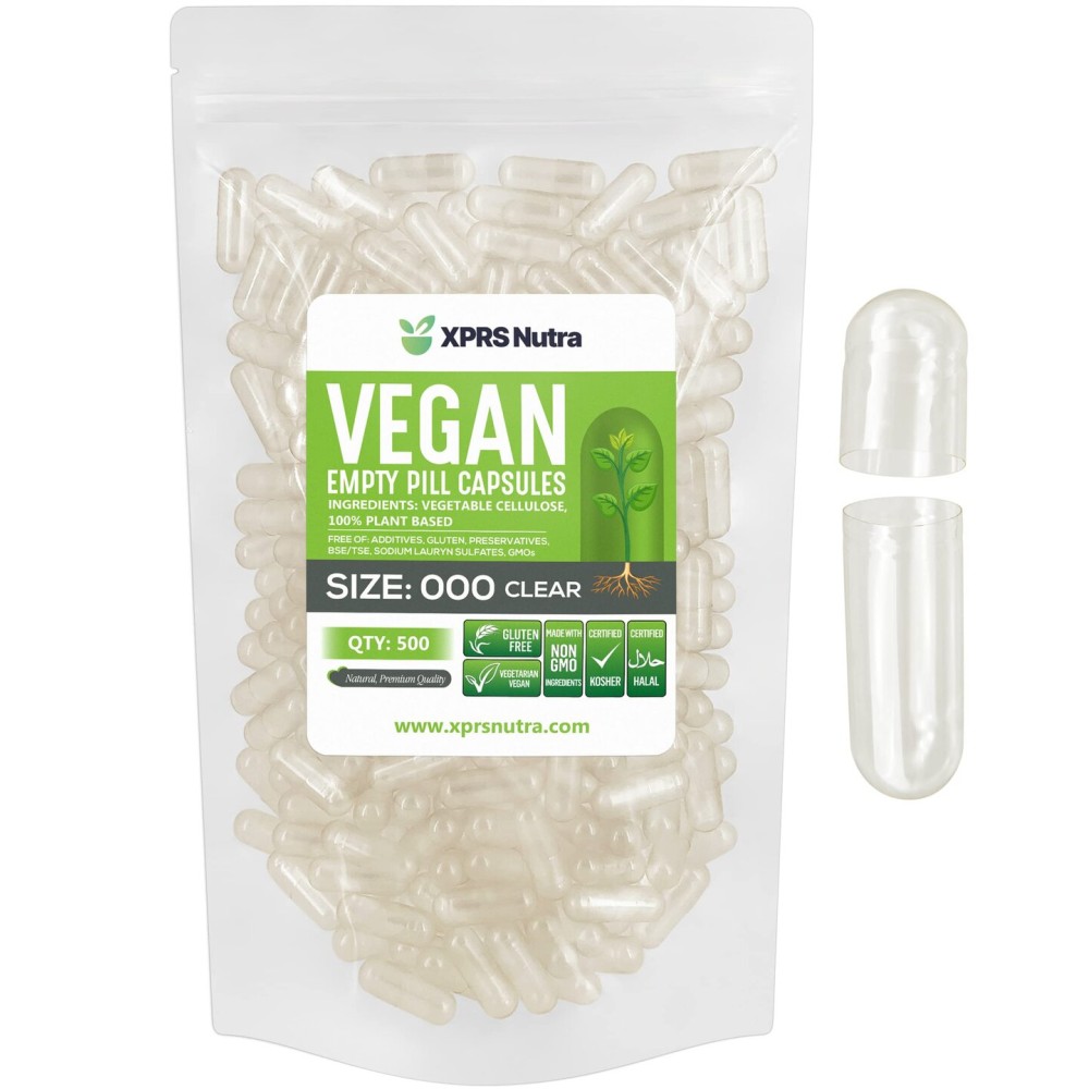 XPRS Nutra Vegan Size 000 Empty Capsules - 500 Count Clear Empty Vegan Vegetarian Empty Pill Capsules - DIY Vegetable Capsule Filling - Veggie Caps Pills