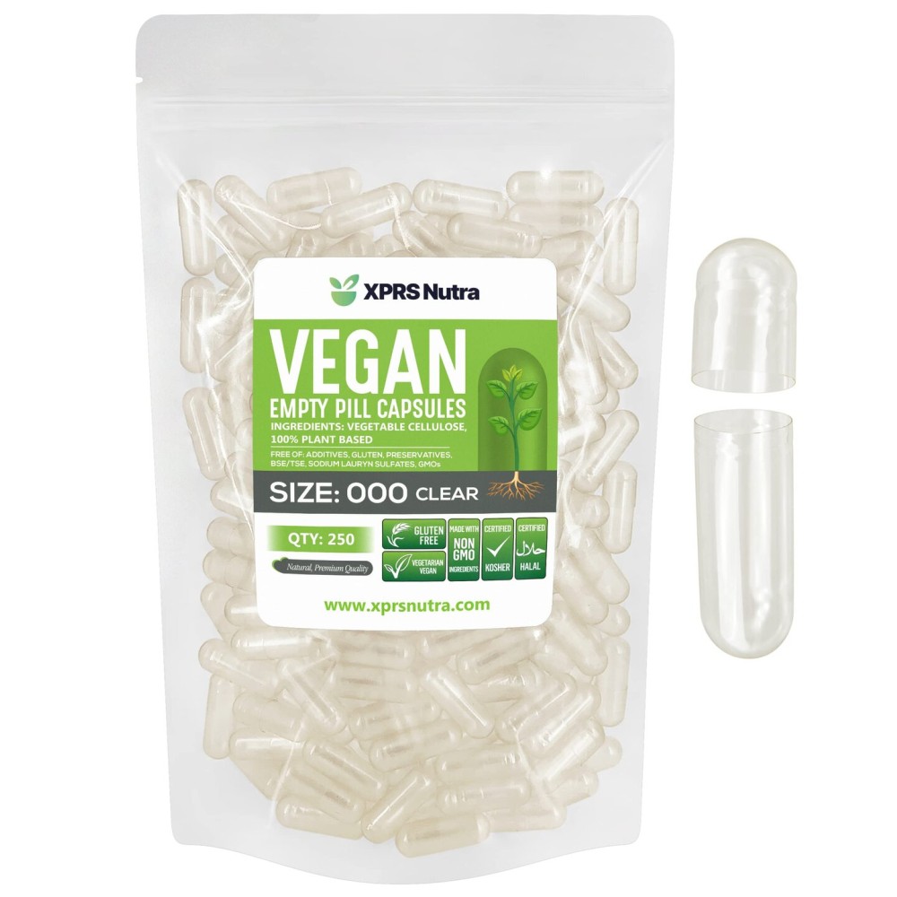XPRS Nutra Vegan Size 000 Empty Capsules - 250 Count Clear Empty Vegan Capsules - Vegetarian Pill - DIY Vegetable Capsule Filling - Veggie Pill Caps Pills