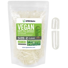 XPRS Nutra Size 2 Empty Capsules - 500 Clear Empty Vegan Capsules - Vegetarian Pill - Do-It-Yourself Vegetable Caps Filling for Supplements and Vitamins - Veggie Pills
