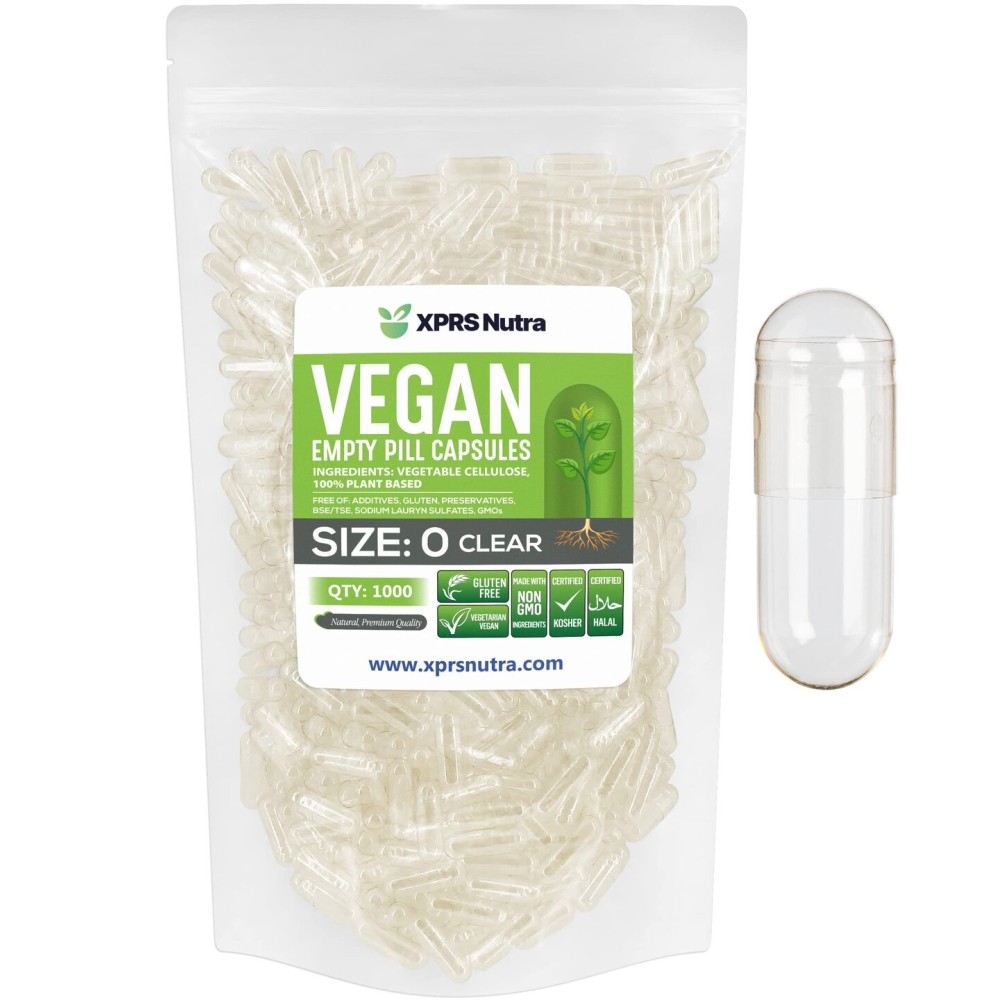 XPRS Nutra Size 0 Empty Capsules - 1000 Count Clear Empty Vegan Capsules - Vegetarian Pills - DIY Vegetable Capsule Filling - Veggie Pill Caps for Do-It-Yourself Supplements
