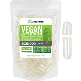 XPRS Nutra Vegan Size 000 Empty Capsules - 100 Count Clear Empty Vegan Capsules - Vegetarian Pill - DIY Vegetable Capsule Filling - Veggie Caps Pills