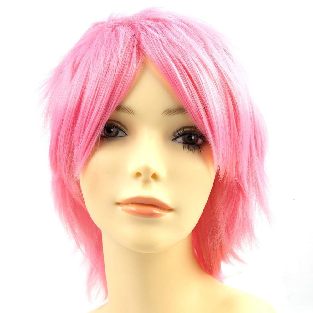 Modernfairy Anime Halloween Wig Pink for Cosplay Party, Synthetic Layered Short Hair Wigs with Bangs, Pastel Wigs for Women Men