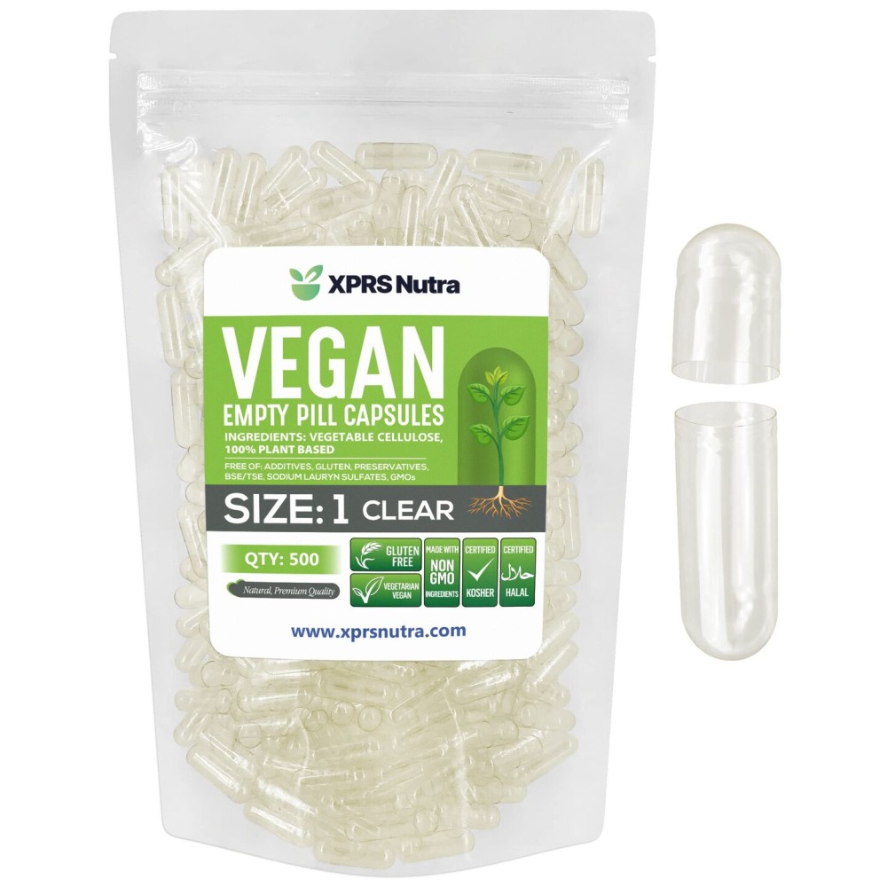 XPRS Nutra Size 1 Empty Capsules - 500 Count Clear Empty Vegan Capsules - Vegetarian Pills - DIY Vegetable Capsule Filling- Veggie Pill Caps for Do-It-Yourself Supplements
