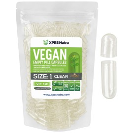 XPRS Nutra Size 1 Empty Capsules - 500 Count Clear Empty Vegan Capsules - Vegetarian Pills - DIY Vegetable Capsule Filling- Veggie Pill Caps for Do-It-Yourself Supplements