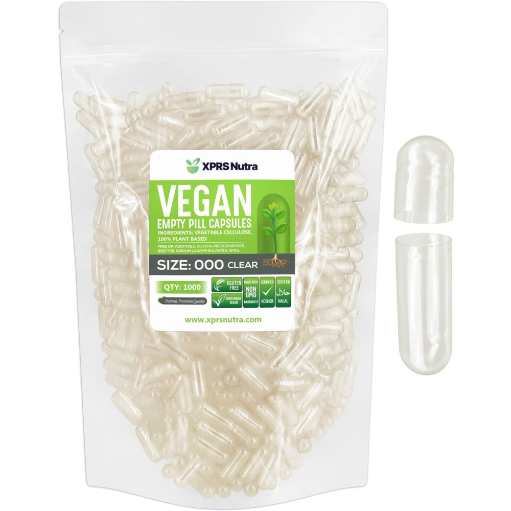XPRS Nutra Vegan Size 000 Empty Capsules - 1000 Count Clear Empty Vegan Capsules - Vegetarian - DIY Vegetable Capsule Filling - Veggie Pill Caps Pills