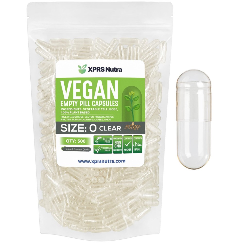 XPRS Nutra Size 0 Empty Capsules - 500 Count Clear Empty Vegan Capsules - Vegetarian Pills - DIY Vegetable Capsule Filling - Veggie Pill Caps for Do-It-Yourself Supplements