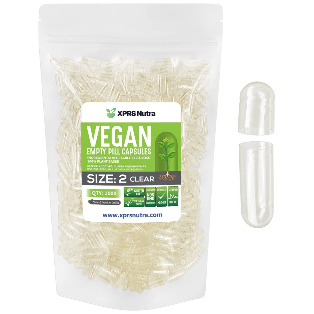 XPRS Nutra Size 2 Empty Capsules - 1000 Clear Empty Vegan Capsules - Vegetarian Empty Pill DIY Vegetable Capsule Filling - Veggie Caps Pills