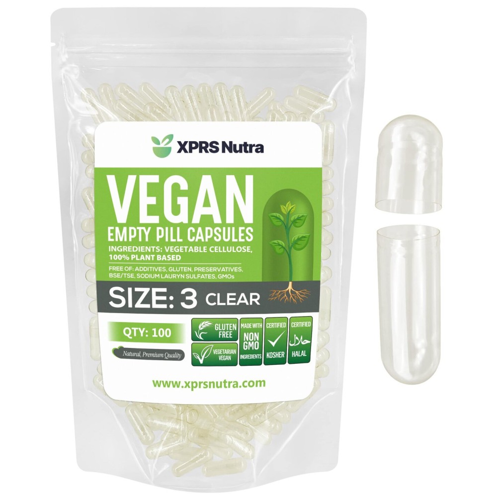 XPRS Nutra Size 3 Empty Capsules - 100 Count Clear Empty Vegan Capsules - Vegetarian Pills - DIY Vegetable Capsule Filling - Veggie Pill Caps