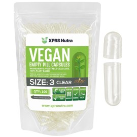XPRS Nutra Size 3 Empty Capsules - 100 Count Clear Empty Vegan Capsules - Vegetarian Pills - DIY Vegetable Capsule Filling - Veggie Pill Caps
