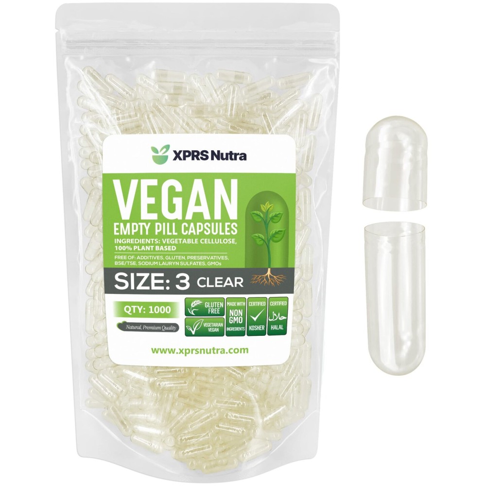 XPRS Nutra Size 3 Empty Capsules - 1000 Count Clear Empty Vegan Capsules - Vegetarian Pills - DIY Vegetable Capsule Filling - Veggie Pill Caps