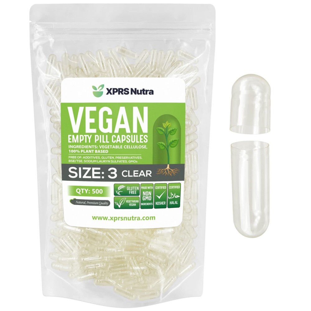 XPRS Nutra Size 3 Empty Capsules - 500 Count Clear Empty Vegan Capsules - Vegetarian Pills - DIY Vegetable Capsule Filling - Veggie Pill Caps