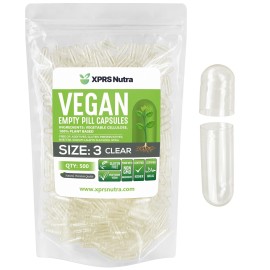 XPRS Nutra Size 3 Empty Capsules - 500 Count Clear Empty Vegan Capsules - Vegetarian Pills - DIY Vegetable Capsule Filling - Veggie Pill Caps