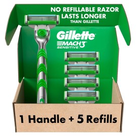 Gillette Mach3 Sensitive Razors for Men, 1 Handle, 5 Blade Refills, Designed for Sensitive Skin