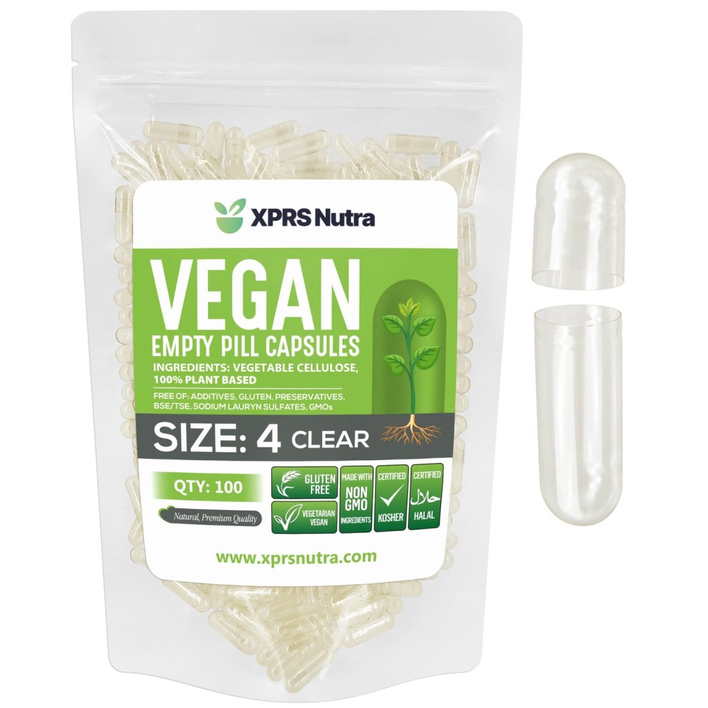 XPRS Nutra Size 4 Empty Capsules - 100 Count Small Clear Empty Vegan Capsules- Vegetarian Pills - DIY Vegetable Capsule Filling - Fillable Do-It-Yourself Caps for Supplements